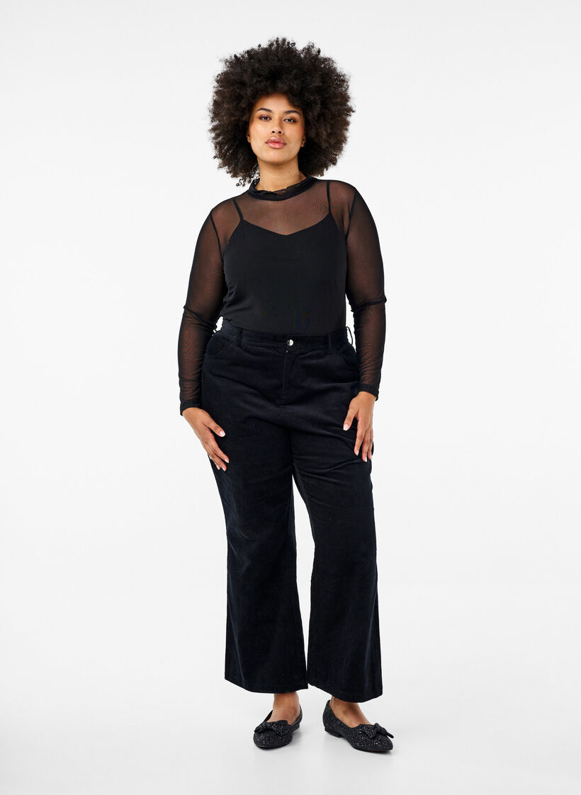 Figursydd blus i mesh med l&aring;nga &auml;rmar, Svart, Model image number 1