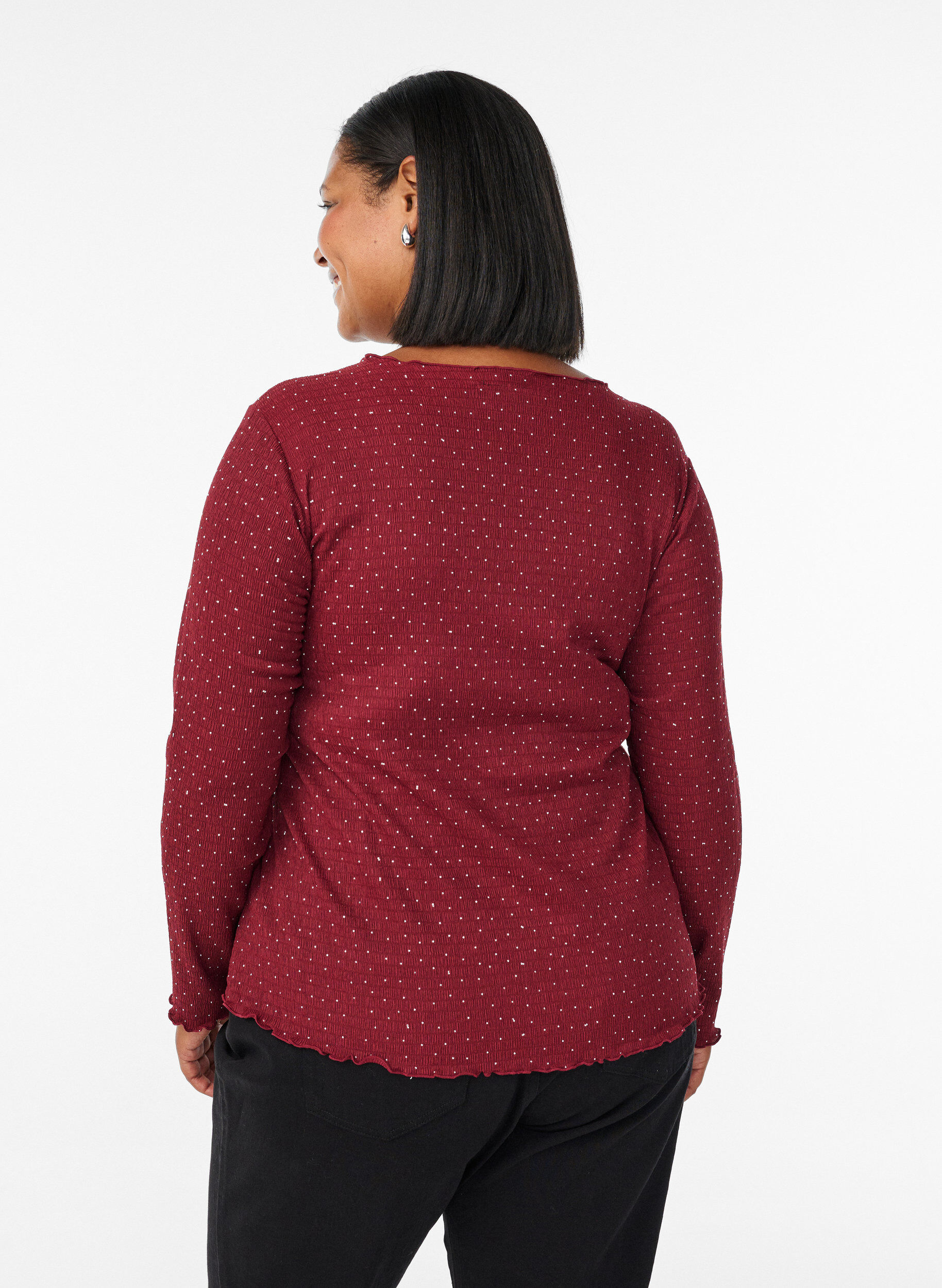 Zizzi L&aring;ng&auml;rmad blus med strass, M&ouml;rk Bordeaux, Model image number 2