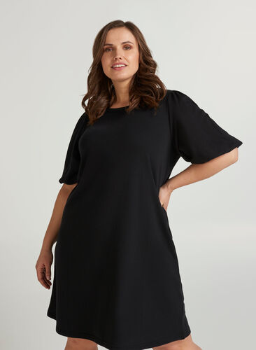 Sweatklänning med puffärmar, Black, Model image number 0