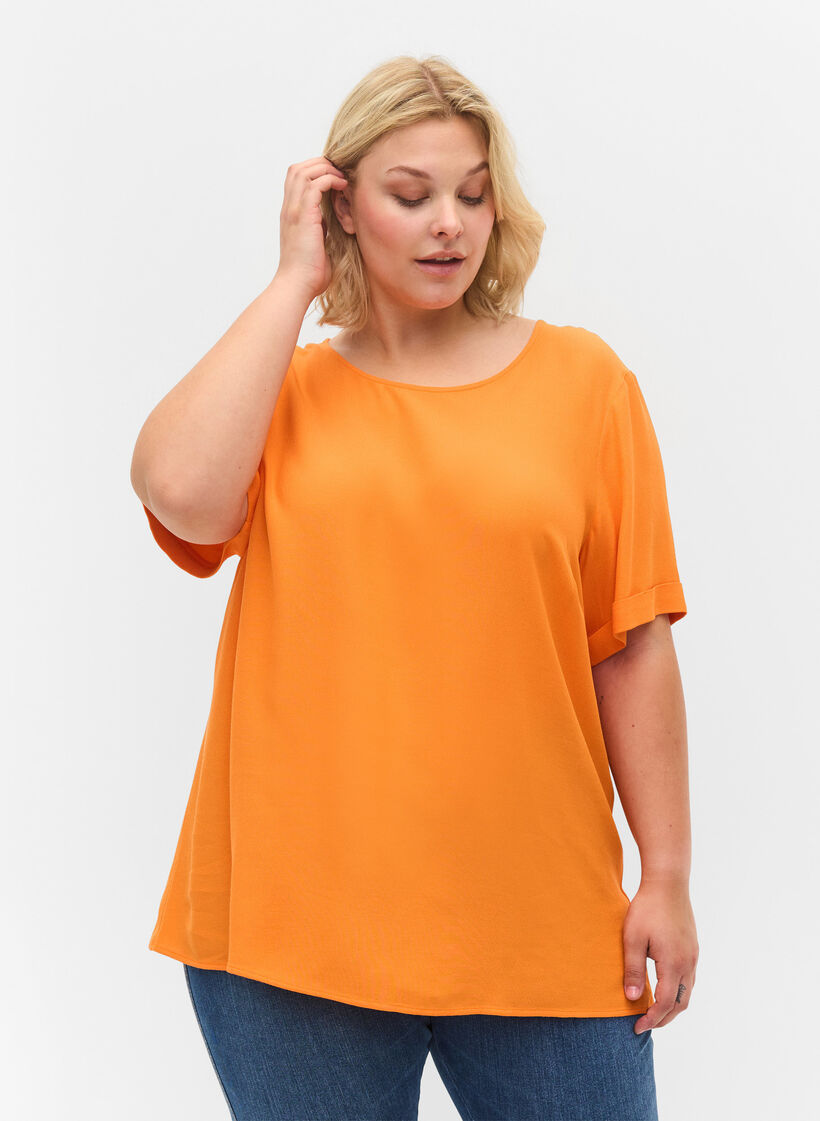 Kortärmad blus i viskos, Orange Peel, Model image number 0
