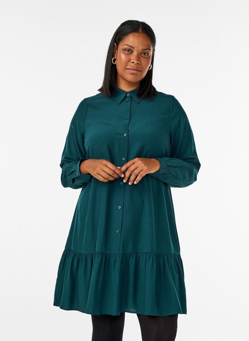 Kort skjortkl&auml;nning med volang, Gr&ouml;n, Model image number 0