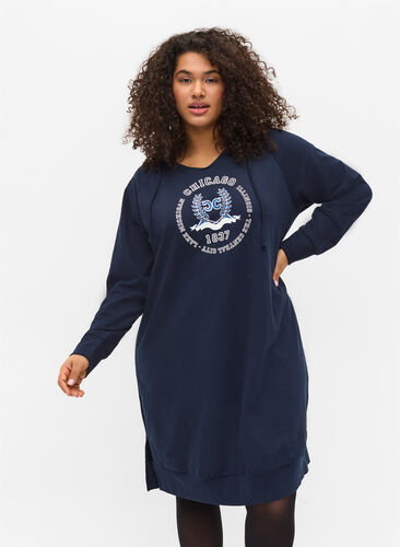 Sweatshirtklänning med huva, Navy Blazer PRINT, Model image number 0