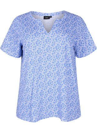 Blommig v-ringad t-shirt i bomull, Ultramarine AOP, Packshot image number 0