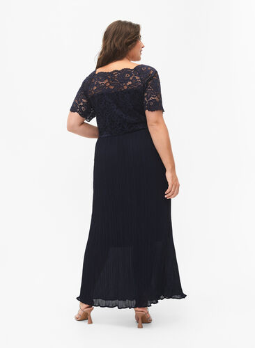 Kortärmad maxiklänning med spets och plisserad kjol, Night Sky, Model image number 1