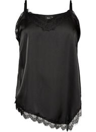Topp i satin med spetskant och asymmetrisk f&aring;ll, Svart