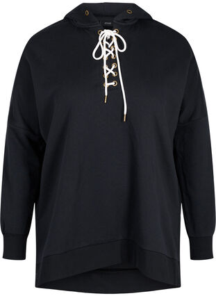 Sweatshirt med huva och kontrastfärgad dragsko, Black, Packshot image number 0