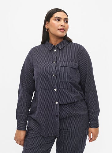 Kritstrecksrandig bomullsskjorta, Dark Blue Stripe, Model image number 0