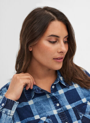 Rutig skjorta med bröstfickor i bomull, Blue/Black Check, Model image number 2