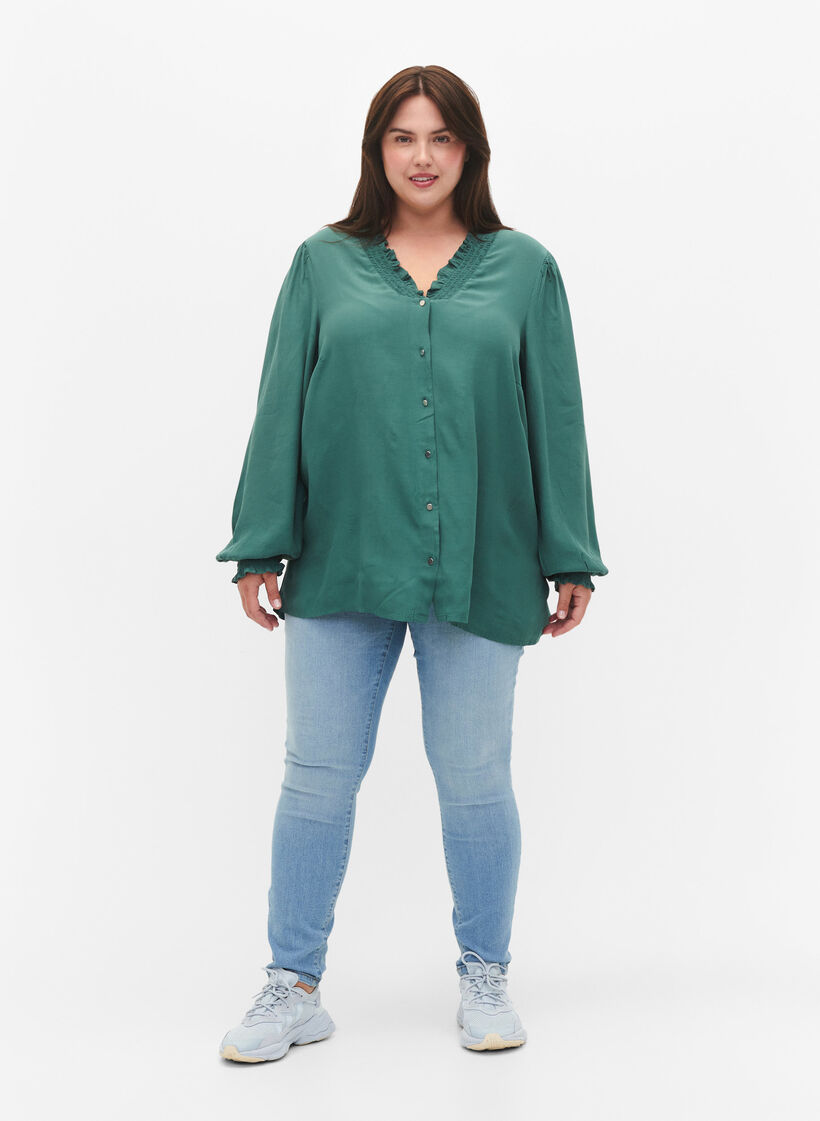 L&aring;ng&auml;rmad skjortblus i viskos, Sea Pine, Model image number 2