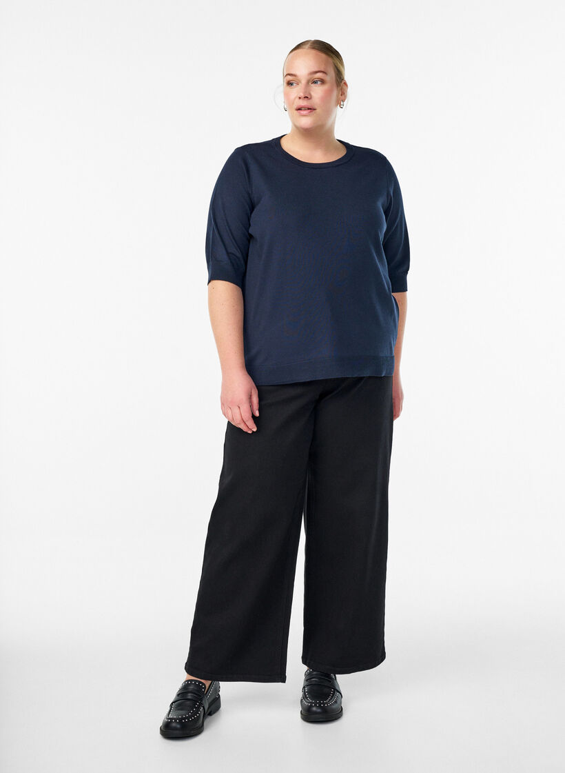 Finstickad blus med korta &auml;rmar, Bl&aring;, Model image number 1