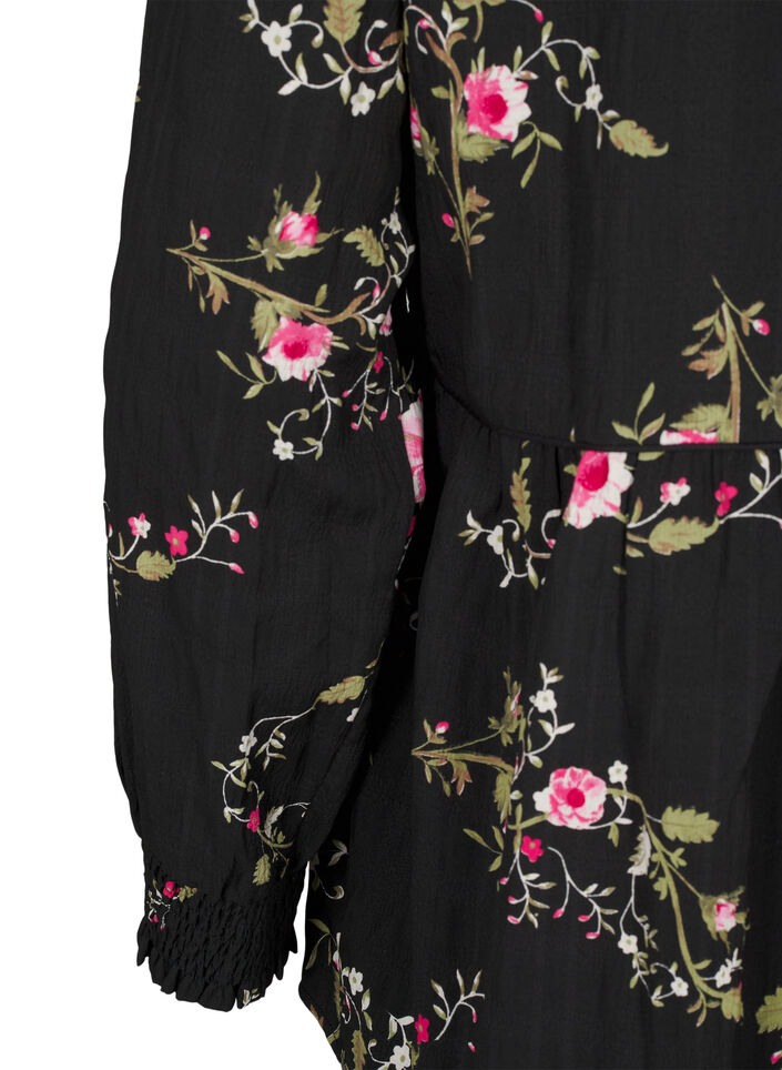 L&aring;ng&auml;rmad blus med blomm&ouml;nster, Svart, Packshot image number 3