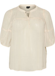 Blus i seersucker med knytband, Beige