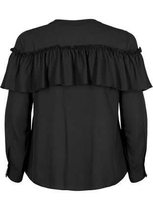 Blus med volangskjorta med pärlknappar, Black, Packshot image number 1