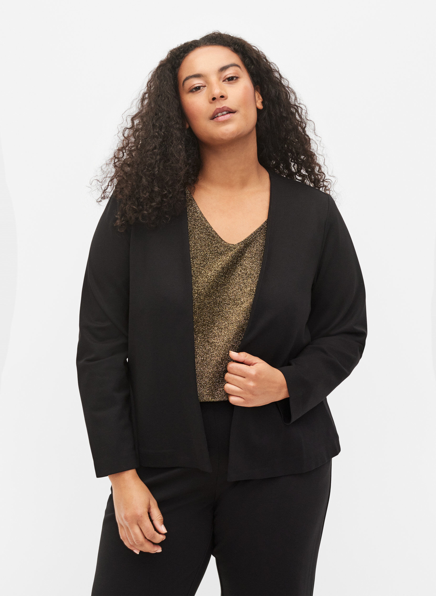Zizzi Enf&auml;rgad kort &ouml;ppen blazer, Black, Model image number 0