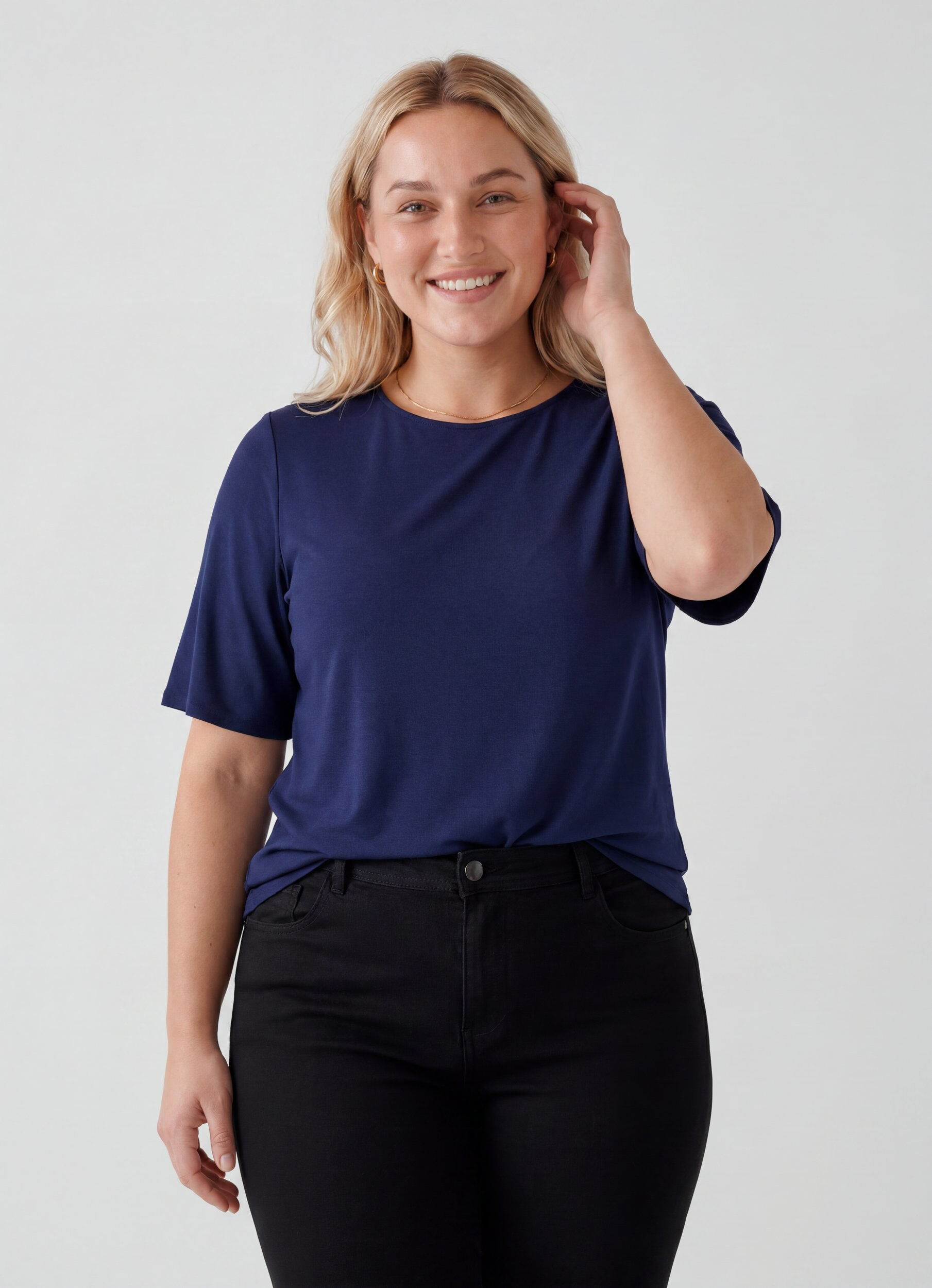 ZizziKort&auml;rmad v&auml;vd blus med rund hals, Bl&aring;, Model image number 0