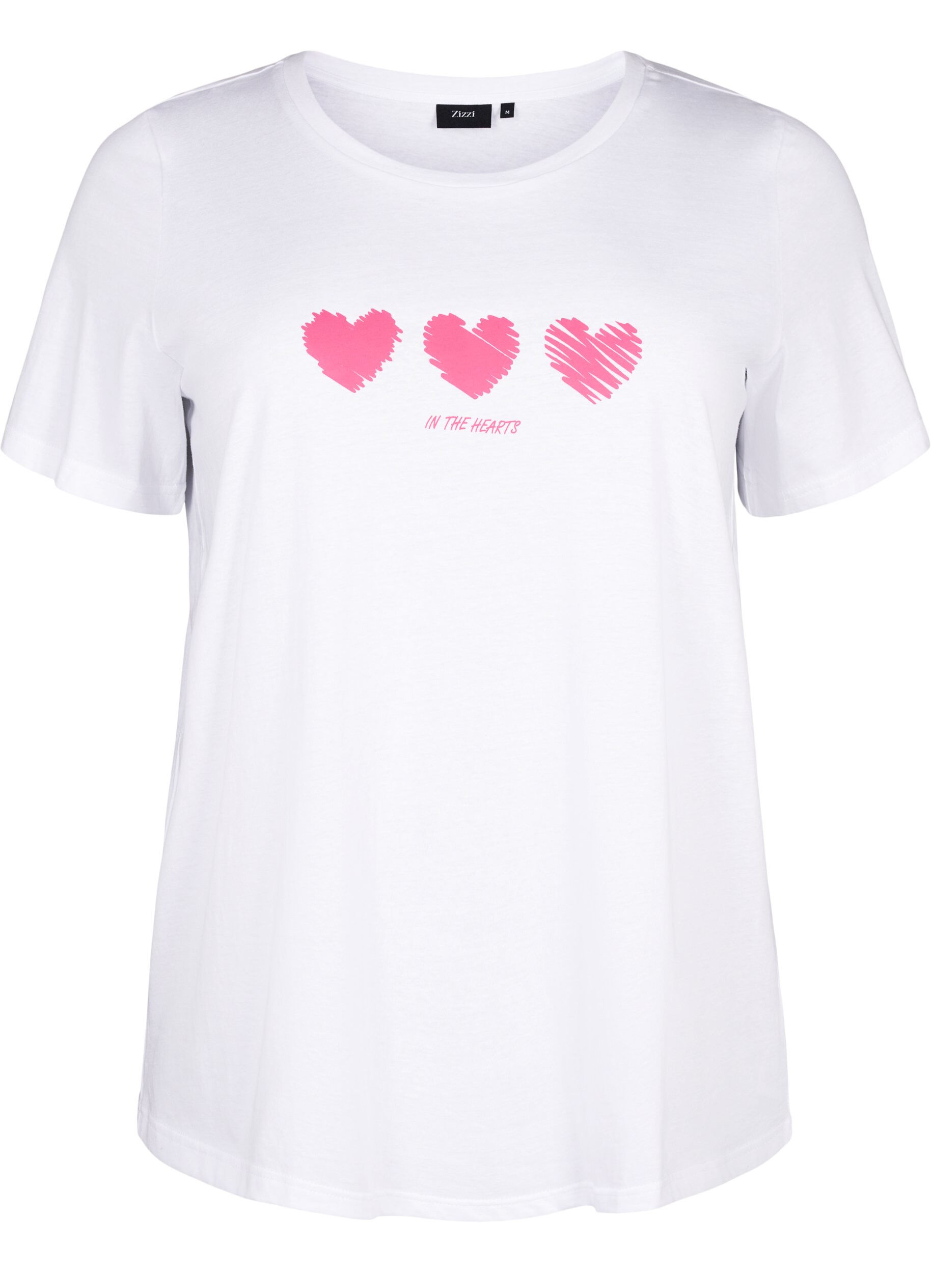 Zizzi T-shirt i bomull med rund halsringning och tryck, B. White W. Hearts, Packshot image number 0