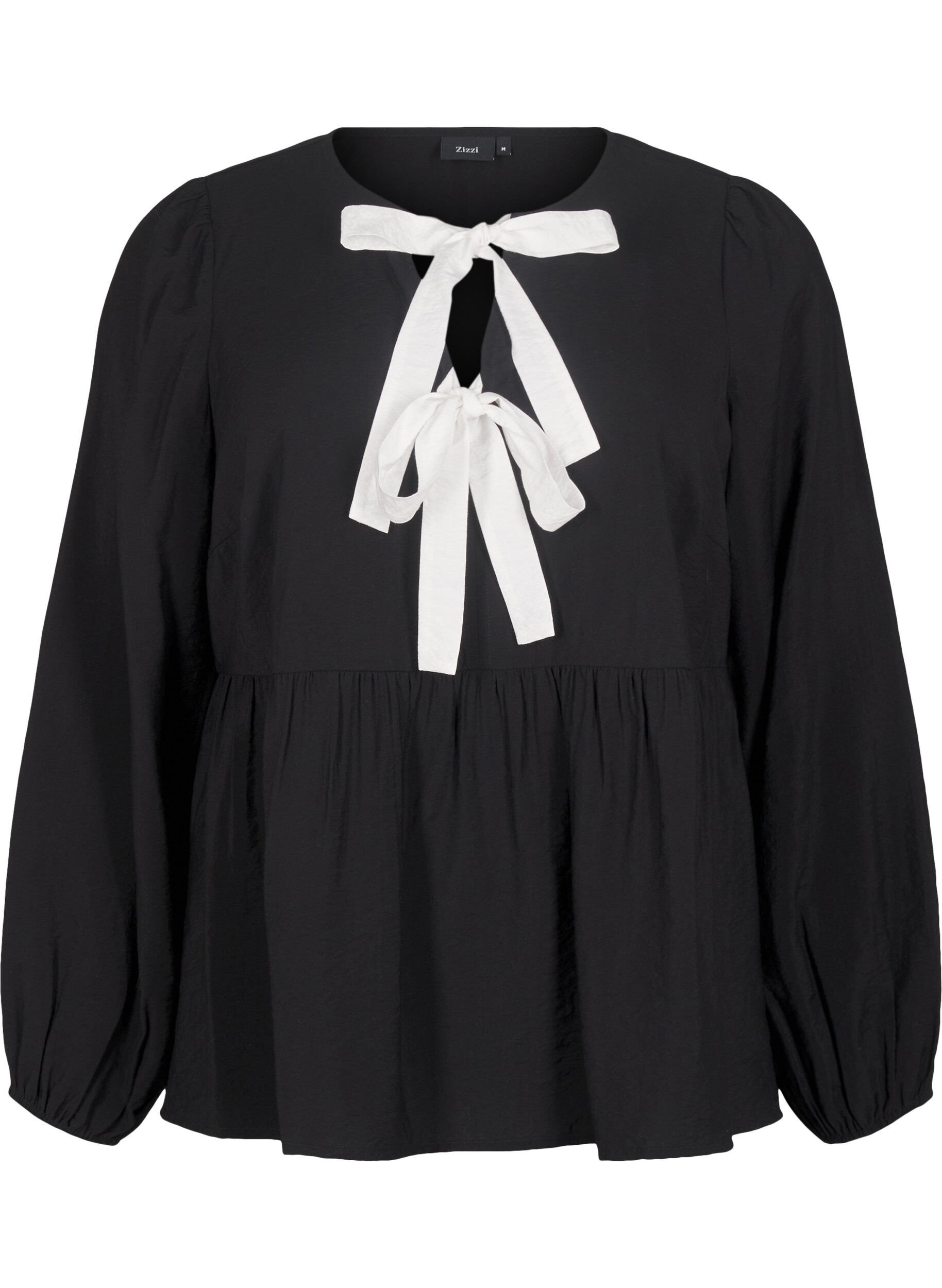 Zizzi Viskosblus med rosetter och l&aring;ng &auml;rm, Black White Bow, Packshot image number 0