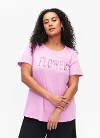 T-shirt i bomull med texttryck, Rosebloom w. Flower, Model