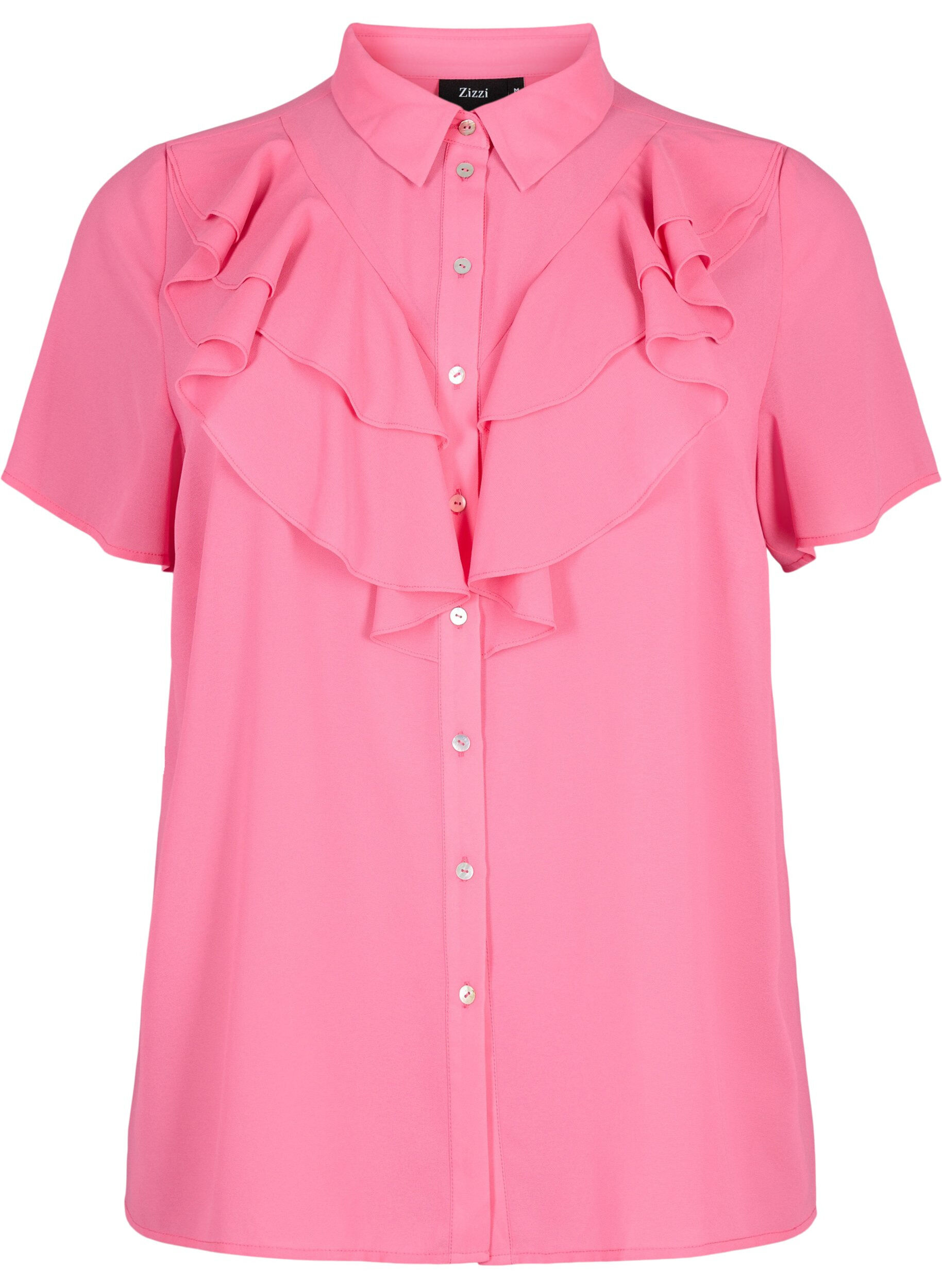 Zizzi Kort&auml;rmad skjortblus med volanger, Pink Power, Packshot image number 0