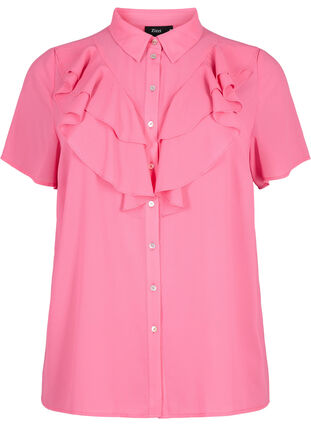 Kortärmad skjortblus med volanger, Pink Power, Packshot image number 0