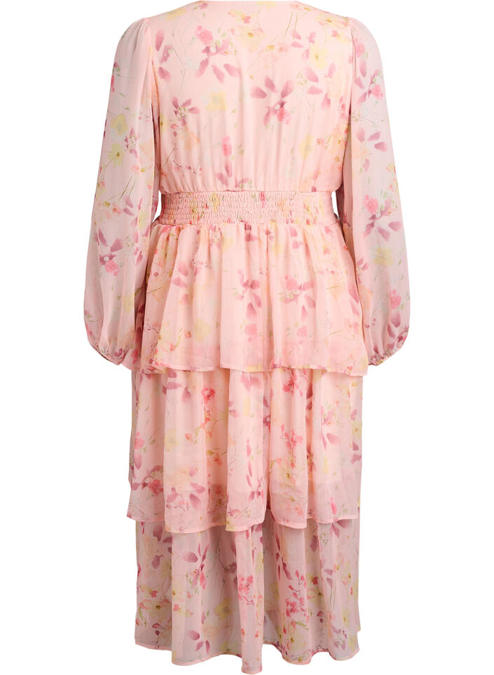 Blommig midikl&auml;nning i chiffong med smock i midjan, Orange, Packshot image number 1