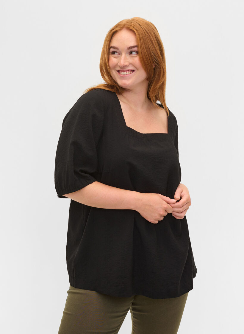 Blus med ballongärmar, Black, Model image number 0