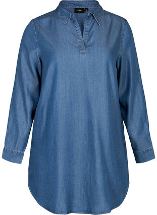Långärmad tunika i lyocell, Mid blue denim, Packshot image number 0