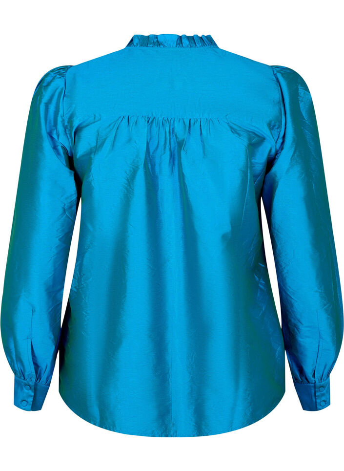 Glansig skjortblus med volanger, Diva Blue, Packshot image number 1