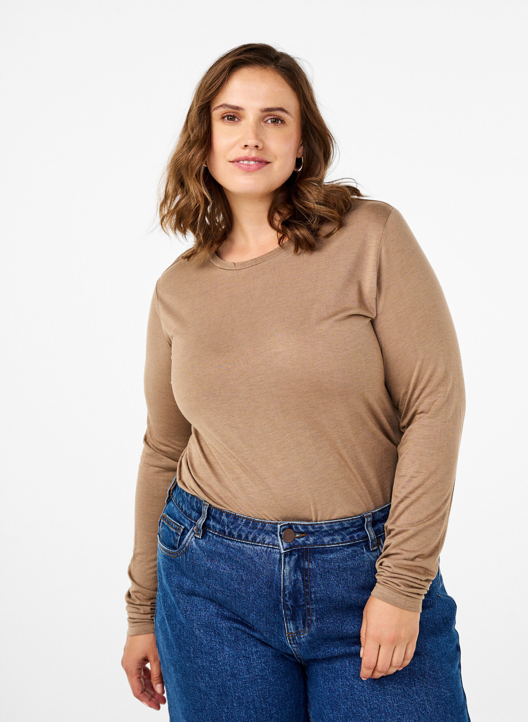 L&aring;ng&auml;rmad blus i ull och viskos, Brun, Model
