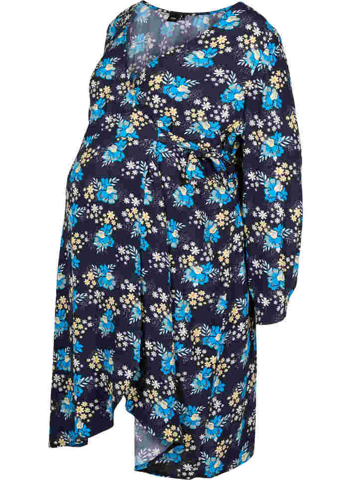 Blommig gravidklänning i viskos med omlott. , Blue Flower AOP, Packshot image number 0