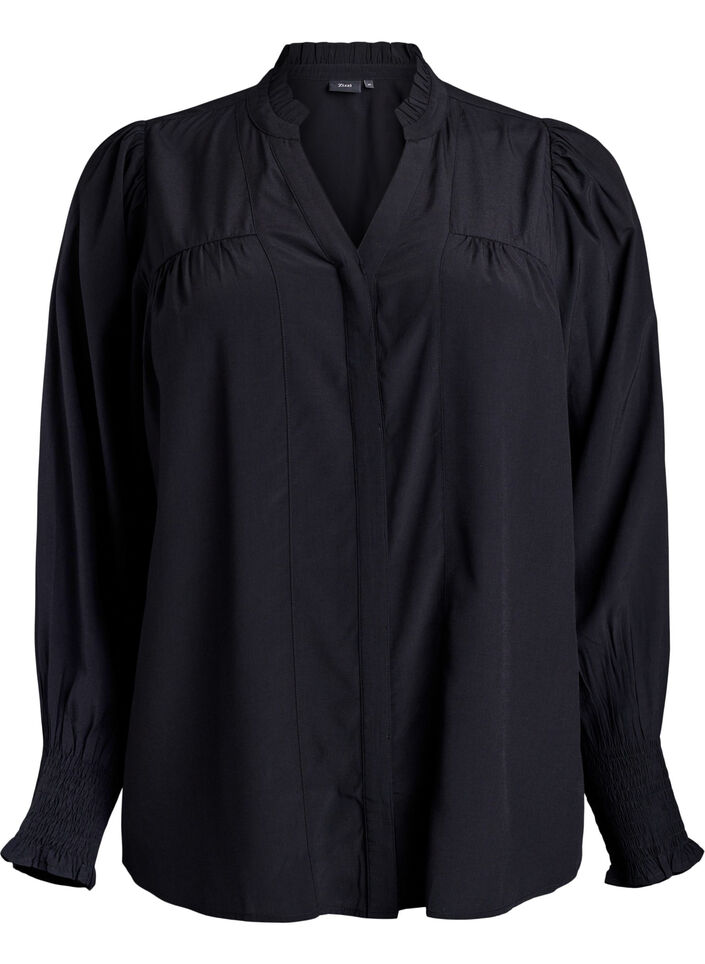 Blus med volangkrage och rynkning, Svart, Packshot image number 0