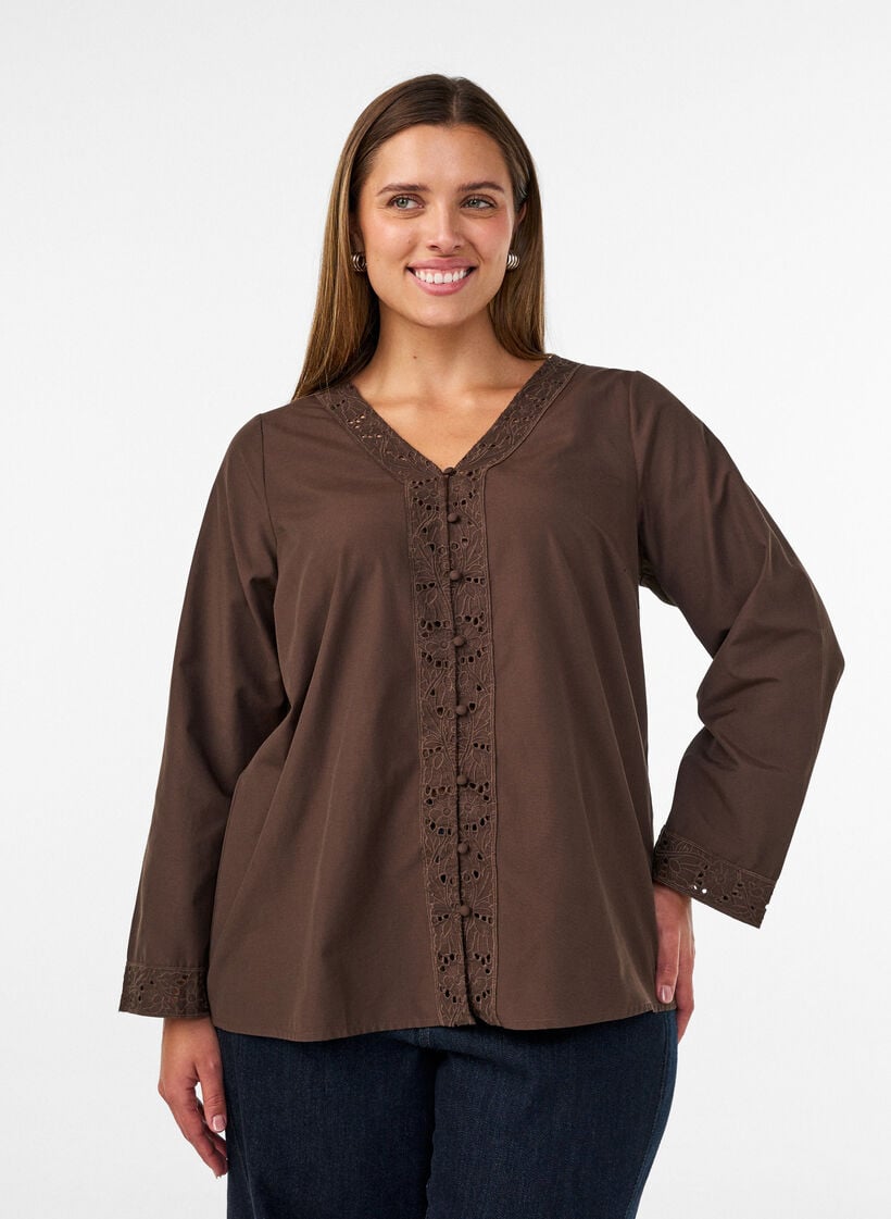 Skjortblus med broderie anglaise, Brun, Model image number 0