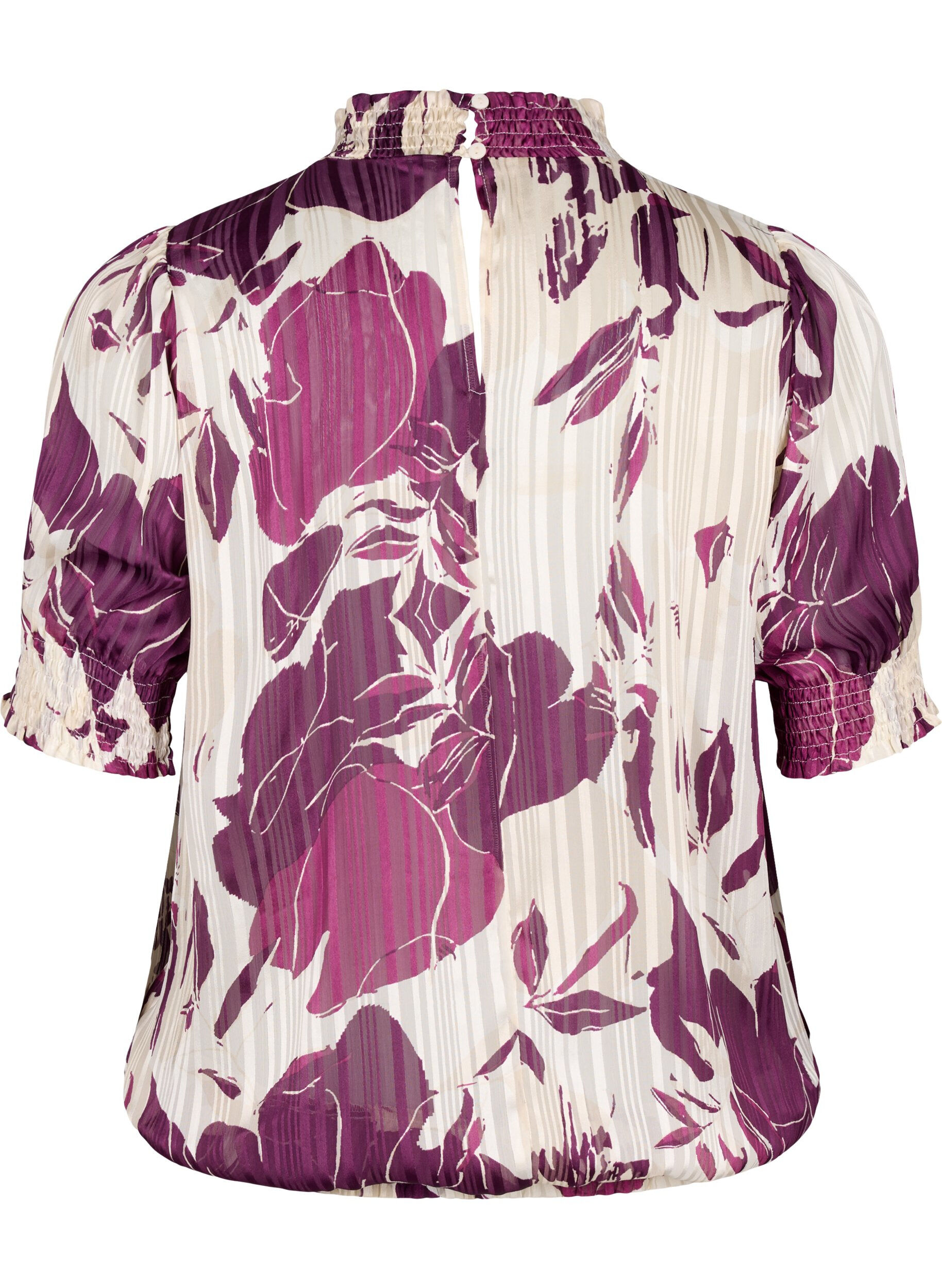 Zizzi Kort&auml;rmad smockad blus med tryck, D.Purple Graphic AOP, Packshot image number 1