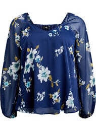 Chiffongblus med blommigt tryck och l&aring;nga &auml;rmar, Bl&aring;