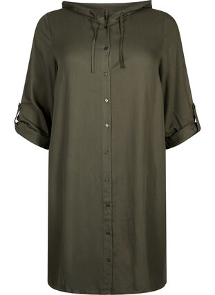 Skjortklänning i viskos med luva och trekvartsärmar, Thyme, Packshot image number 0
