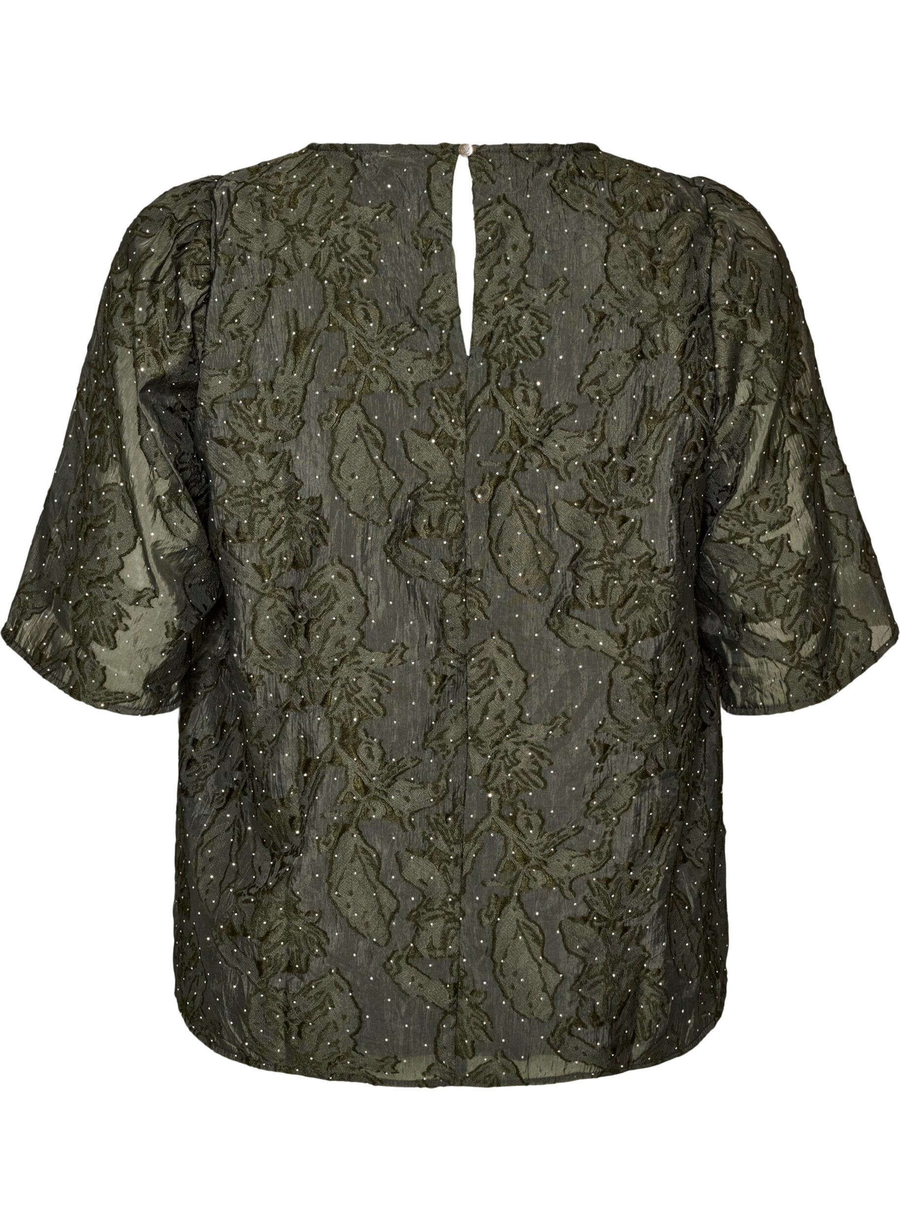 ZizziJacquardblus med glittriga detaljer och puff&auml;rmar, Gr&ouml;n, Packshot image number 1