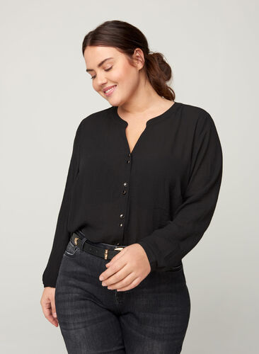 Skjortblus med v-ringning och knappar, Black, Model image number 0