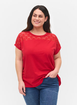 Kortärmad t-shirt av bomull med spets, Tango Red, Model image number 0