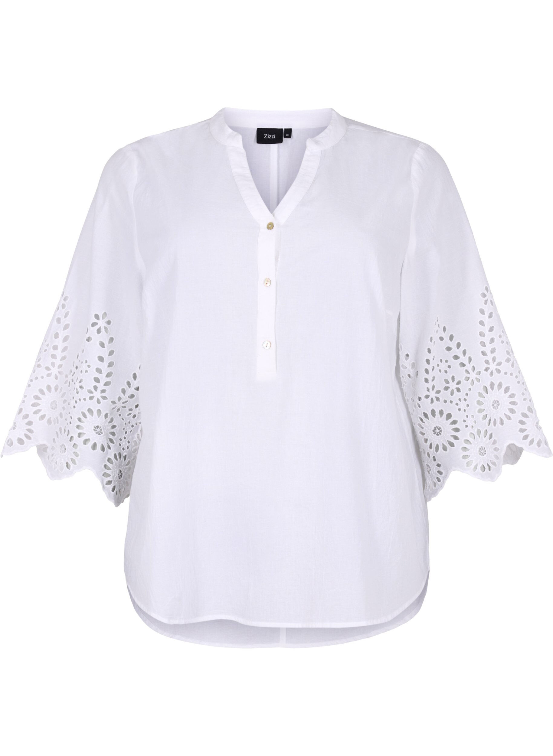 Zizzi Skjortblus med broderie anglaise och 3/4-&auml;rmar, Bright White, Packshot image number 0