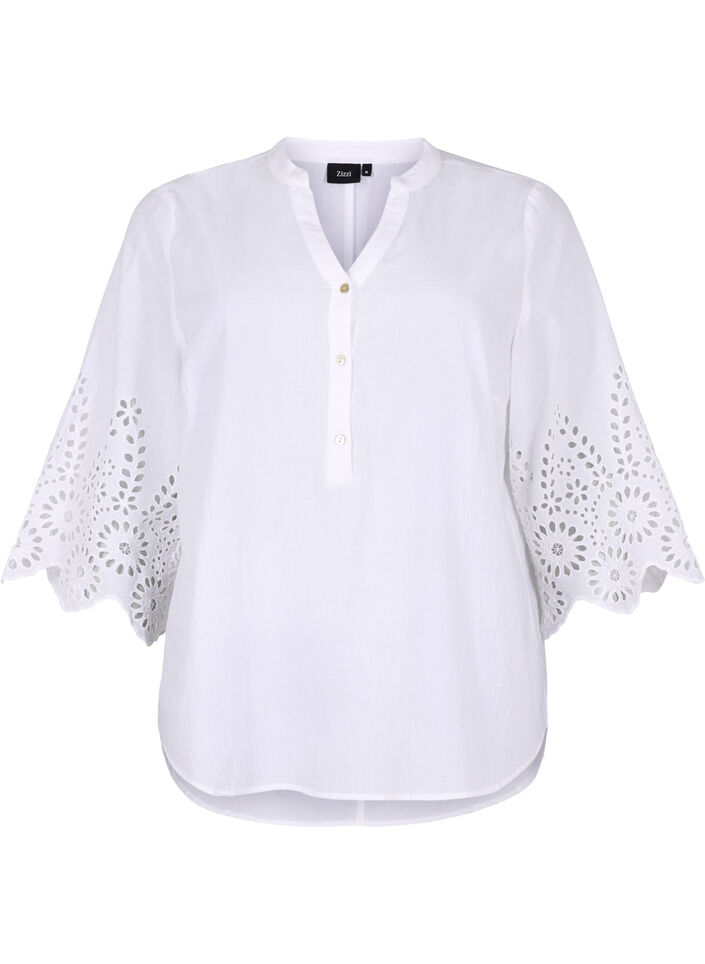 Skjortblus med broderie anglaise och 3/4-ärmar, Bright White, Packshot image number 0