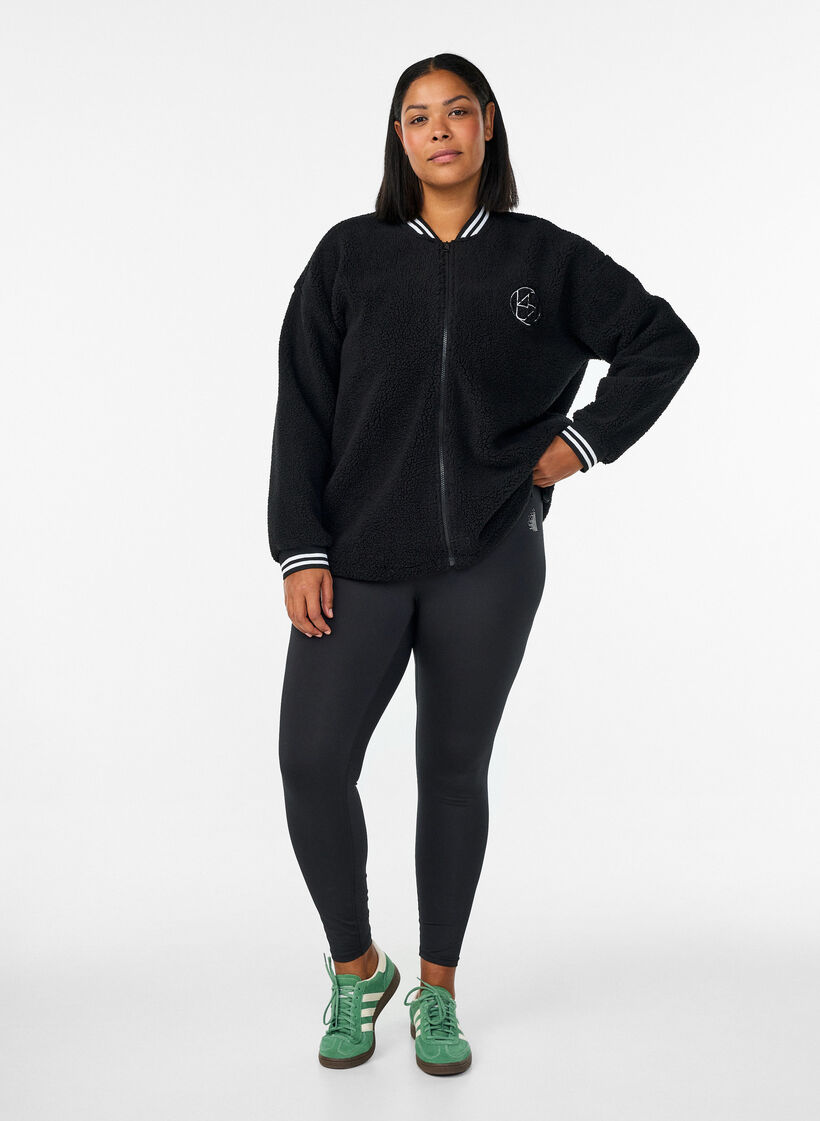 Jacka i teddyfleece med randiga detaljer, Svart, Model image number 1