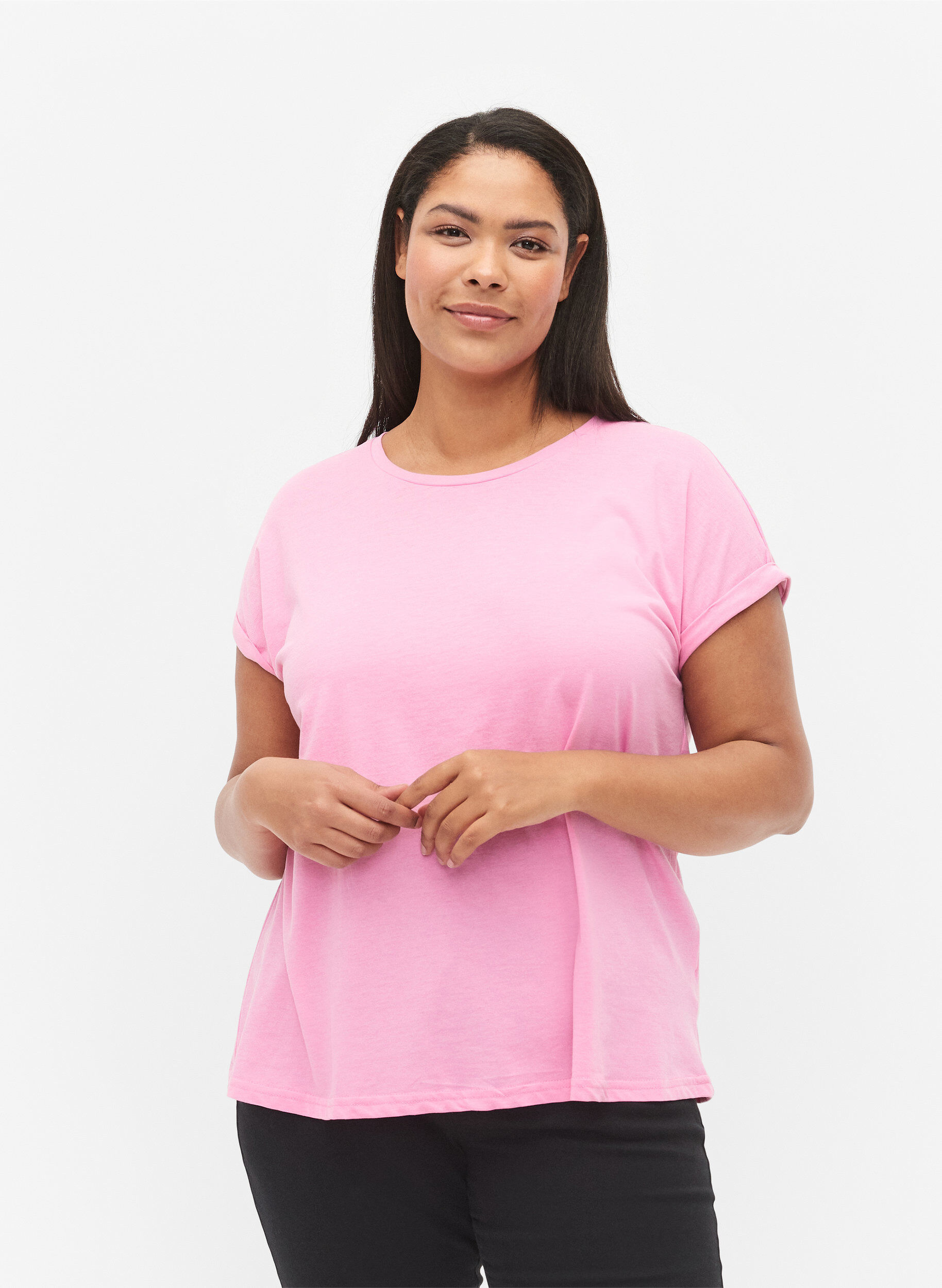 Zizzi Kort&auml;rmad t-shirt i bomullsmix, Rosa, Model image number 0