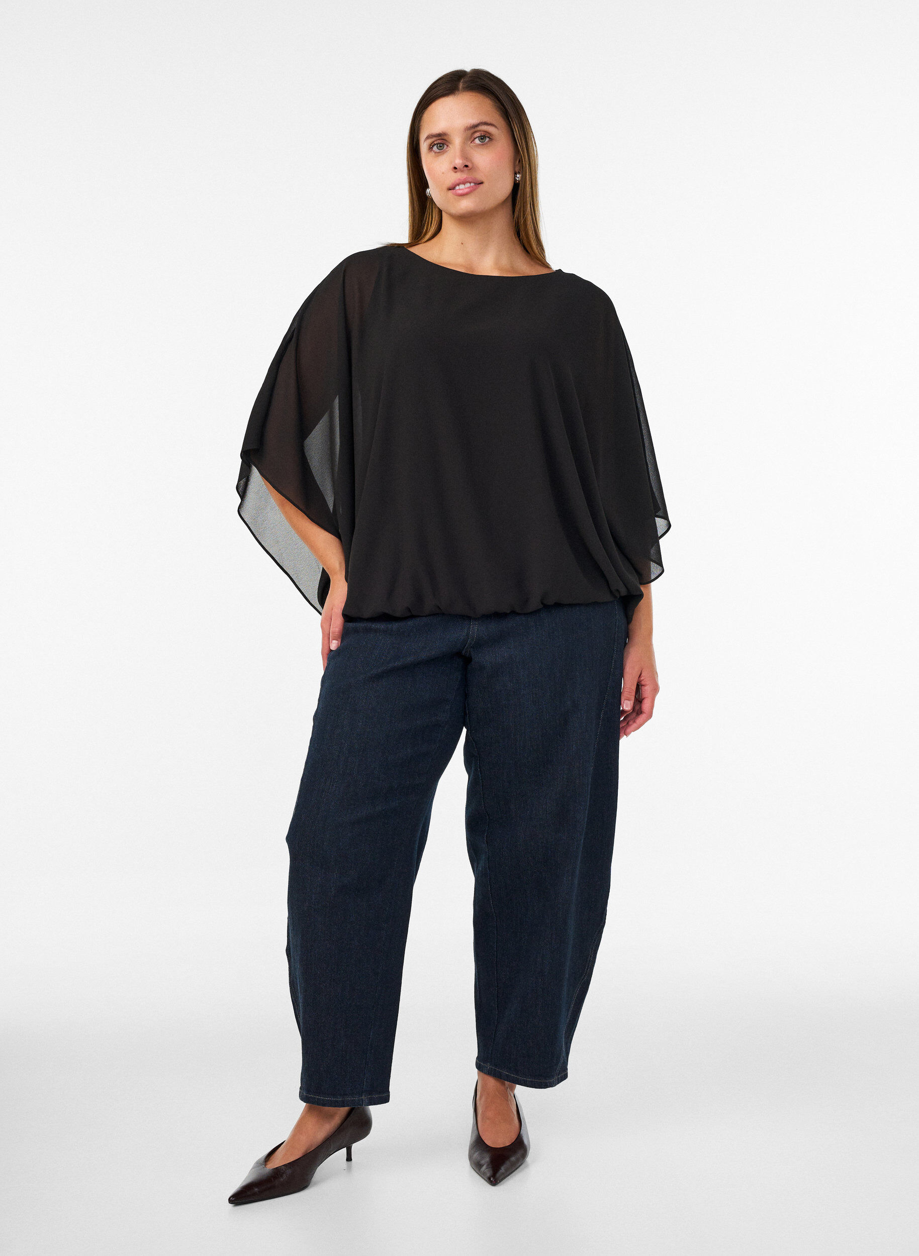 ZizziBlus i chiffong med ballongeffekt, Svart, Model image number 1