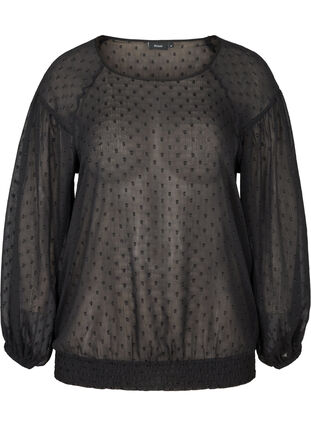 Långärmad mesh-blus med smock, Black, Packshot image number 0