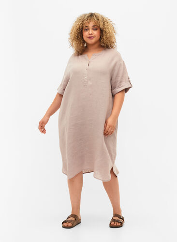 Kortärmad klänning i 100% linne, Sand, Model image number 2