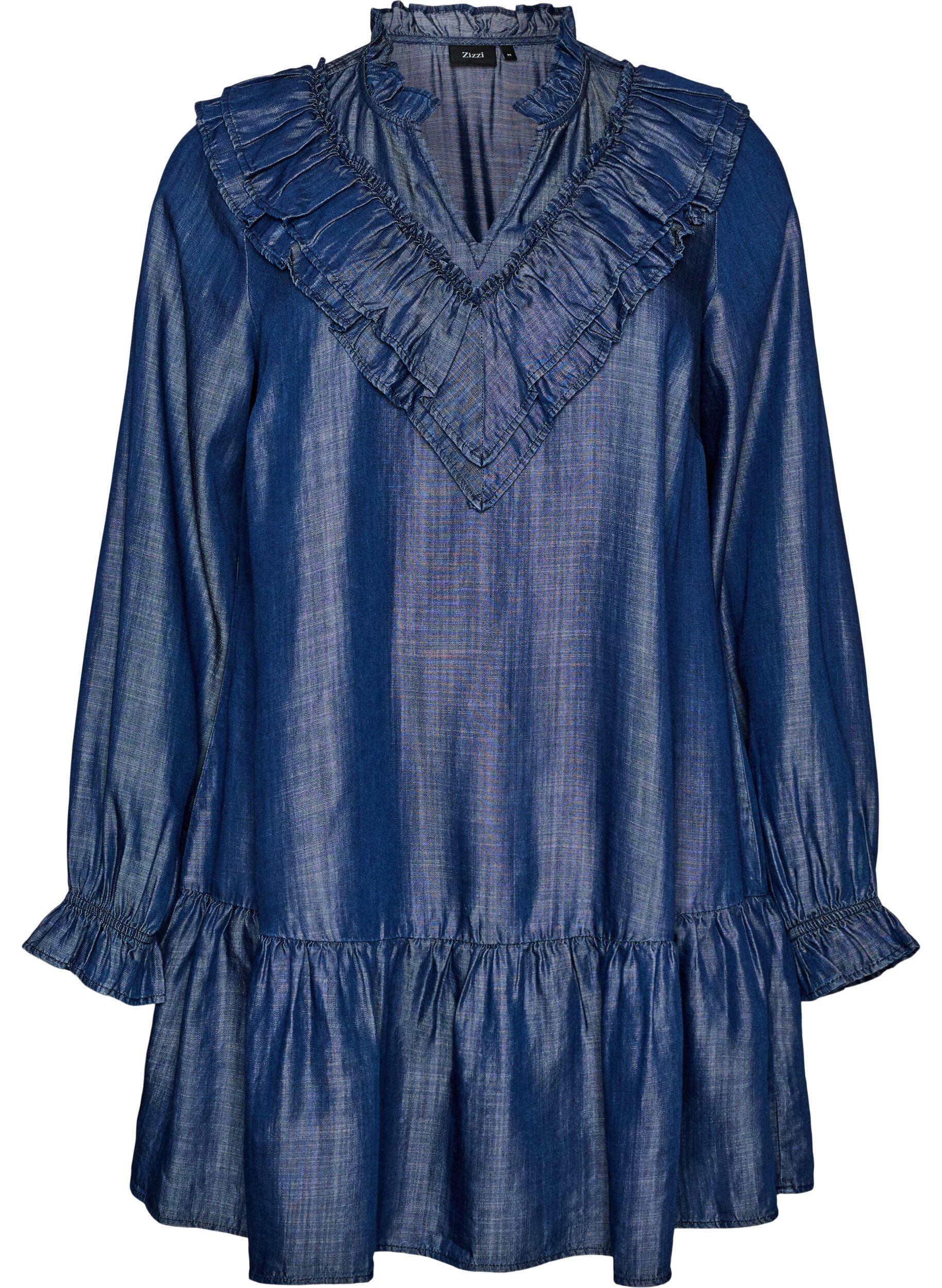 ZizziKort kl&auml;nning i denimlook med volanger, Bl&aring;, Packshot image number 0