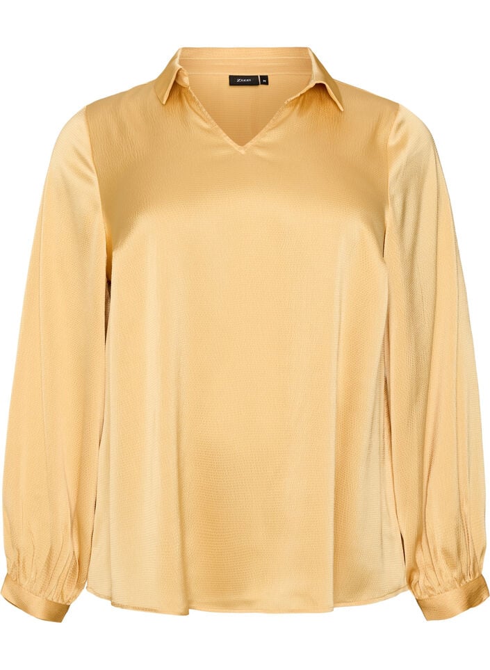 Blus med skjortkrage och v-ringning, Gul, Packshot image number 0