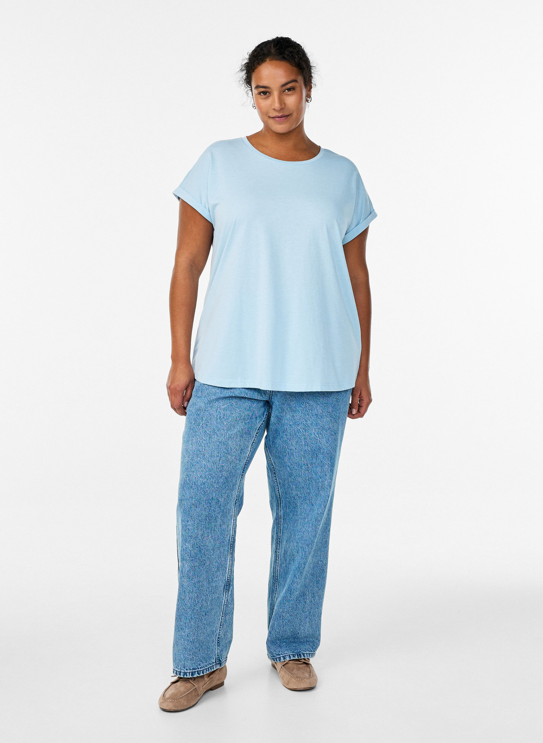 ZizziKort&auml;rmad t-shirt i bomullsmix, Bl&aring;, Model image number 1