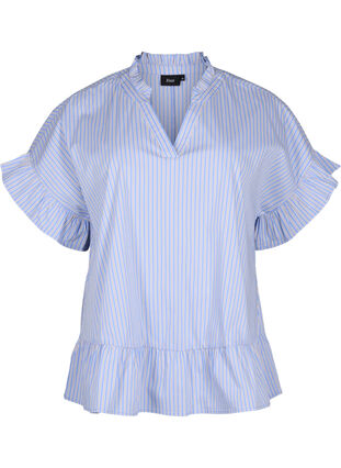 Randig blus med peplum och volangdetaljer, Blue Stripe, Packshot image number 0