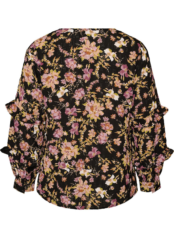 Blus med blomsterm&ouml;nster och volangdetaljer, Svart, Packshot image number 1